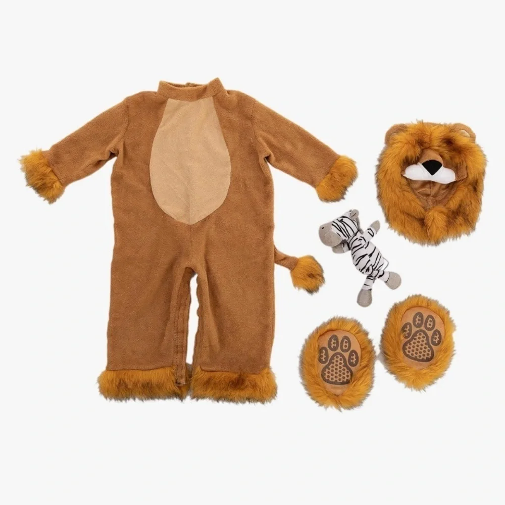 NWT 6-12mo Lion Costume w/Zebra Toy, lion hood, jumpsuit, booties and toy zebra